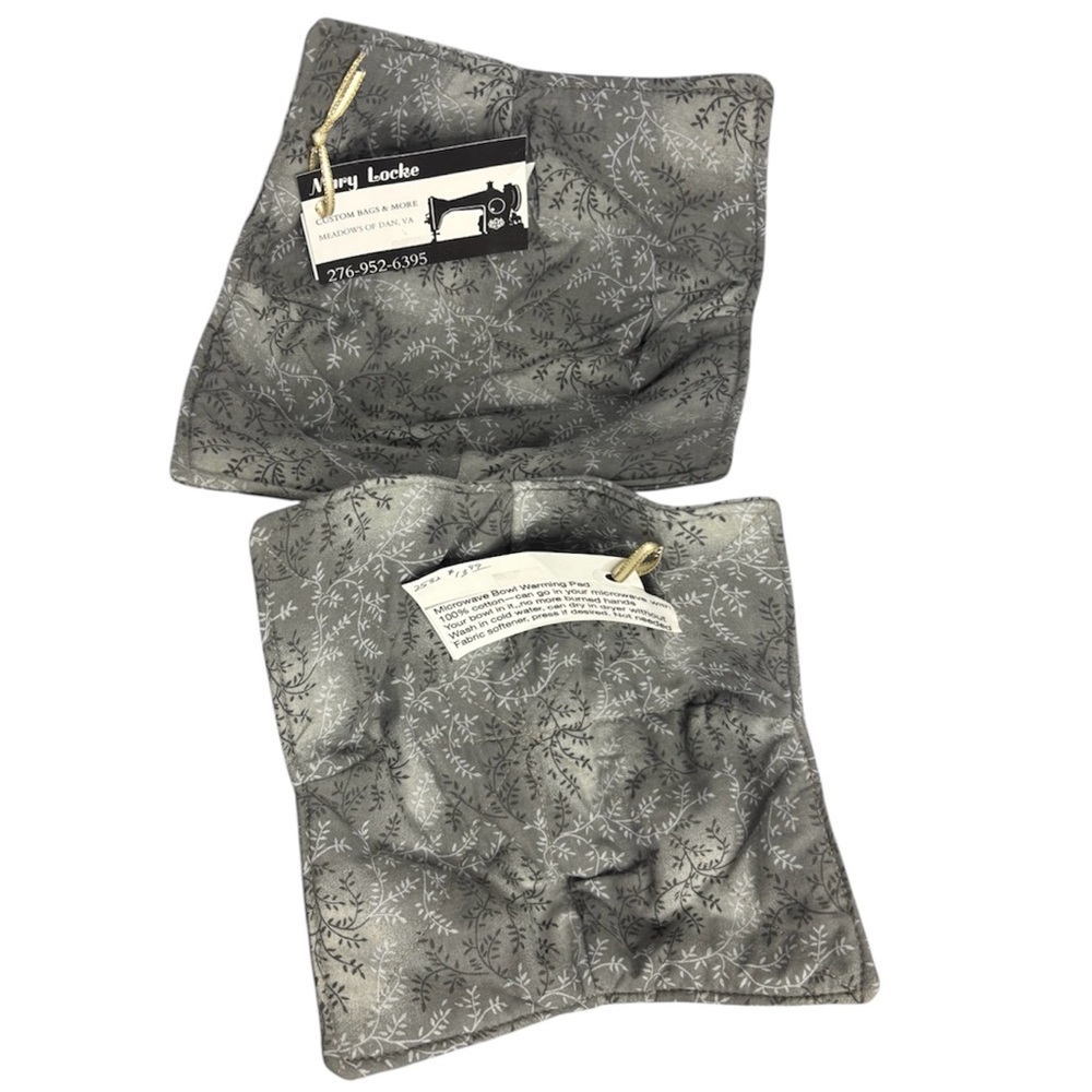 Microwave Bowl Warming Pads, Handmade Pair, [Grey Foliage Print 100% Cotton] NEW